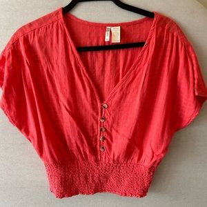 Japna- Coral Blouse with Smocked Crop Top- Size S